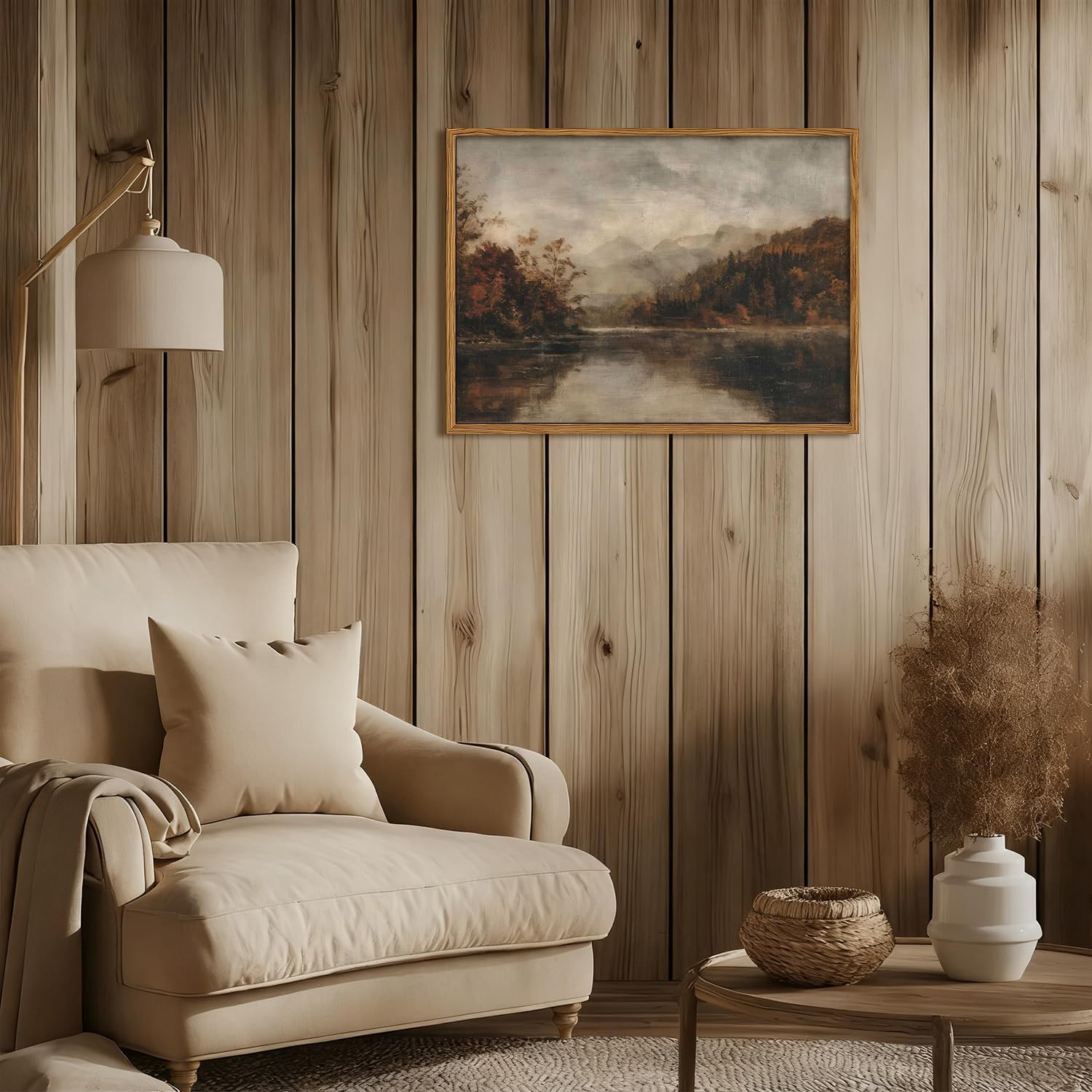 Wood Framed Vintage Wall Art, Moody Lake Forest Landscape Wall Decor Paintings, Nature Mountain Pictures Canvas Prints Rustic Farmhouse Artwork for Living Room Bedroom Home Decor 16x24 inch