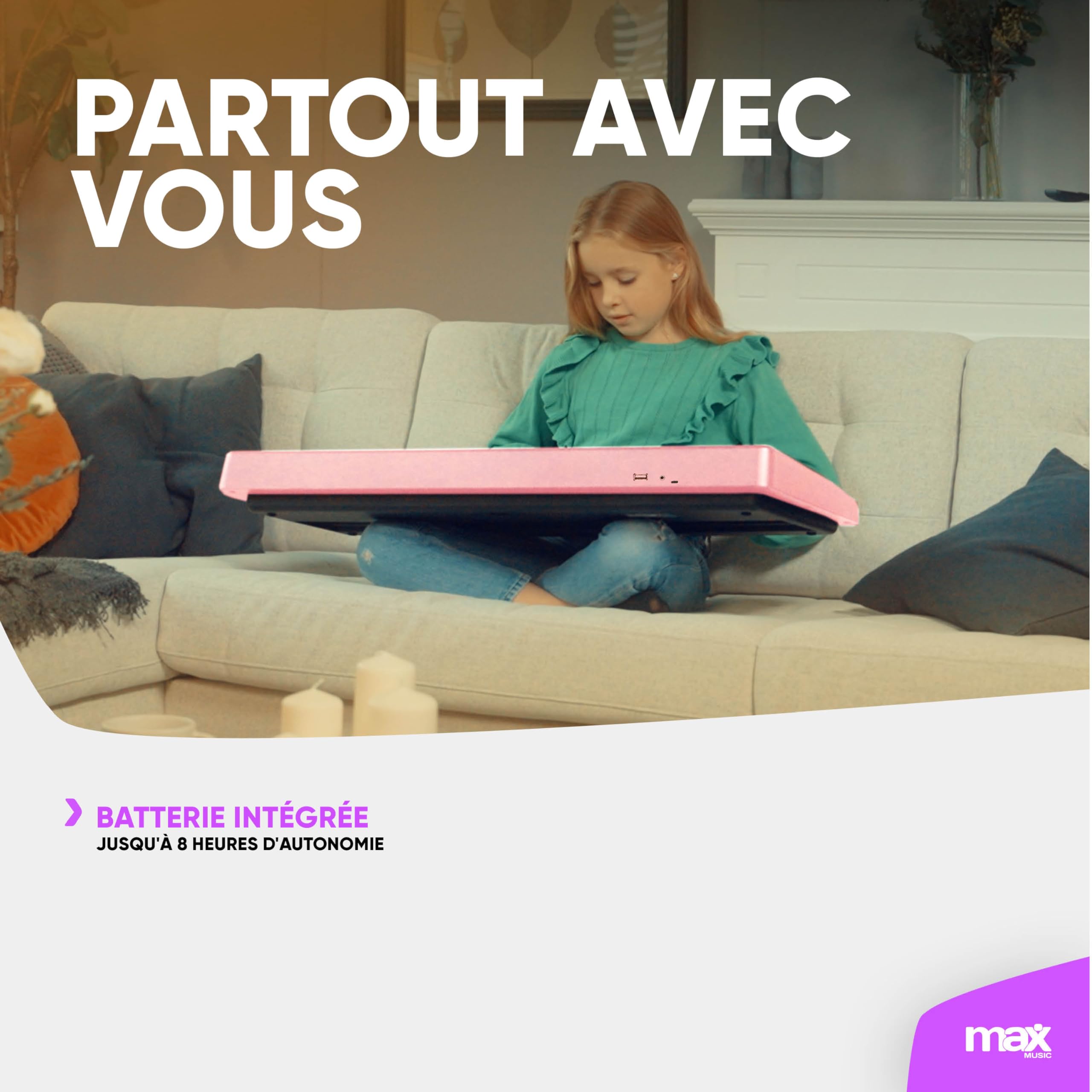 Pack MAX KD61P - Clavier/Piano 61 Touches avec Support | Piano Électronique Portable Débutant - Rose