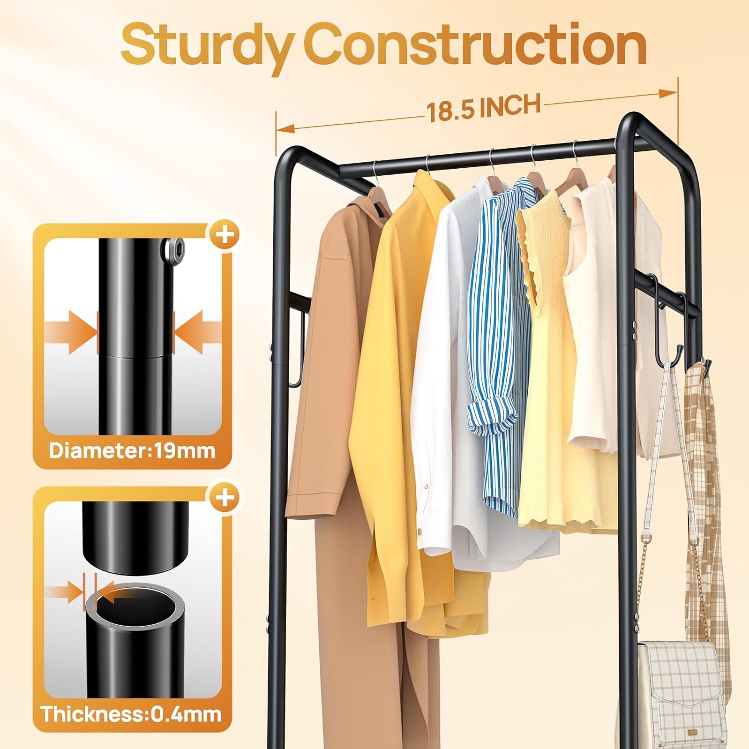 Clothes Rack with Wheels, Freestanding Garment Rack with 3 Metal Shelves for Hanging Clothes, Portable Hanging Rod for Small Room, Bedroom, Bathroom (Black)