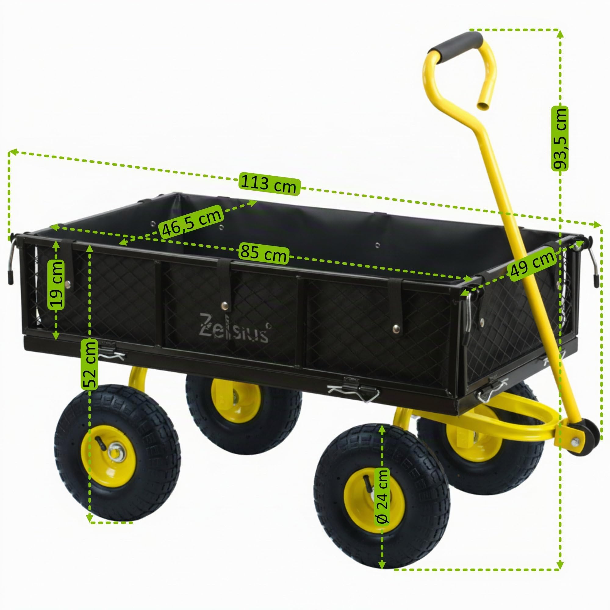 Zelsius Bollerwagen | 350 kg Tragkraft, 75 Liter | Schwarz/Gelb | Gartenkarre, Gartenwagen, Gartenkipper | Handwagen Luftbereift, Transportwagen Klappbar, Handwagen, Handkarren für Gartenarbeit