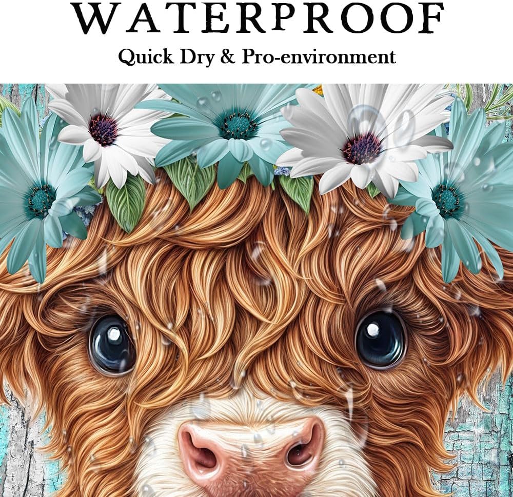 Funny Highland Cow Shower Curtain for Bathroom Decor, Teal Farm Teal Daisy Floral Flowers and Butterfly on Country Wooden Farmhouse Bath Curtain Country Animal Flower Waterproof 12 Hooks 70X75in