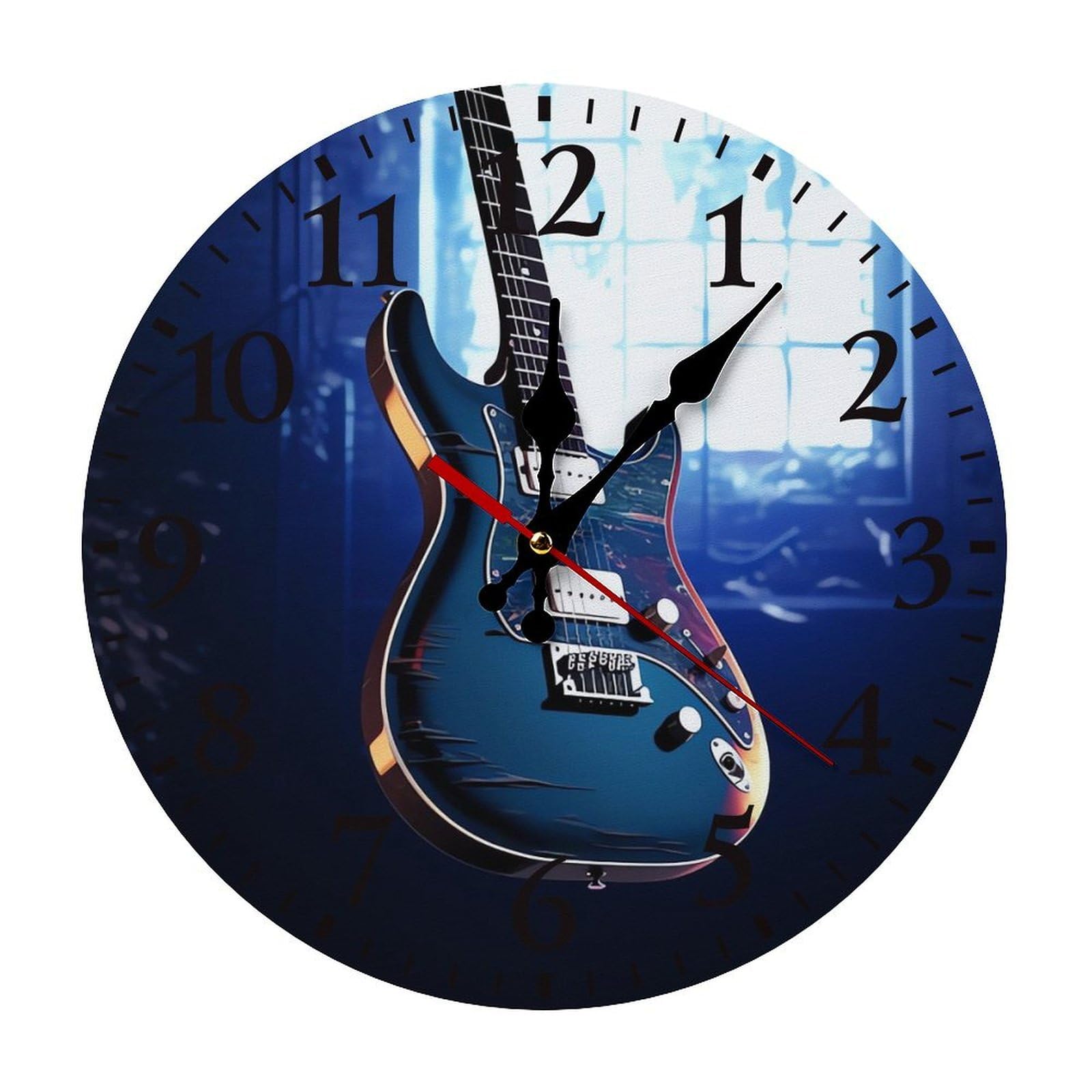 NTVOWPZO 10 Inch Wall Clock Blue Guitar Battery Operated Wall Clocks Silent Non-Ticking Round Wall Clock for Living Room Kitchen Home Office Wall Decorative Clock