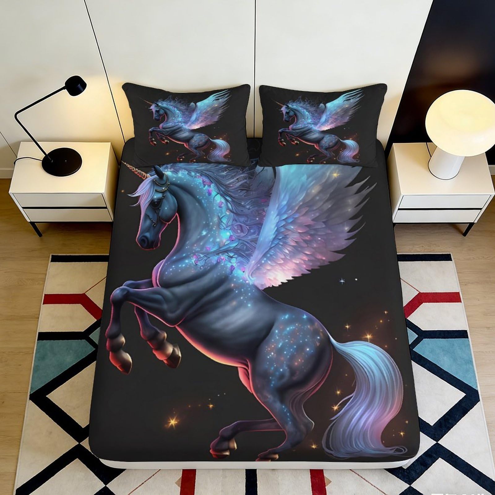 3D Printed Fantasy Unicorn Fitted Sheet Microfiber Soft Black Winged Horse Bed Cover for Bedroom Guestroom Mattress Decor 90x200x25cm