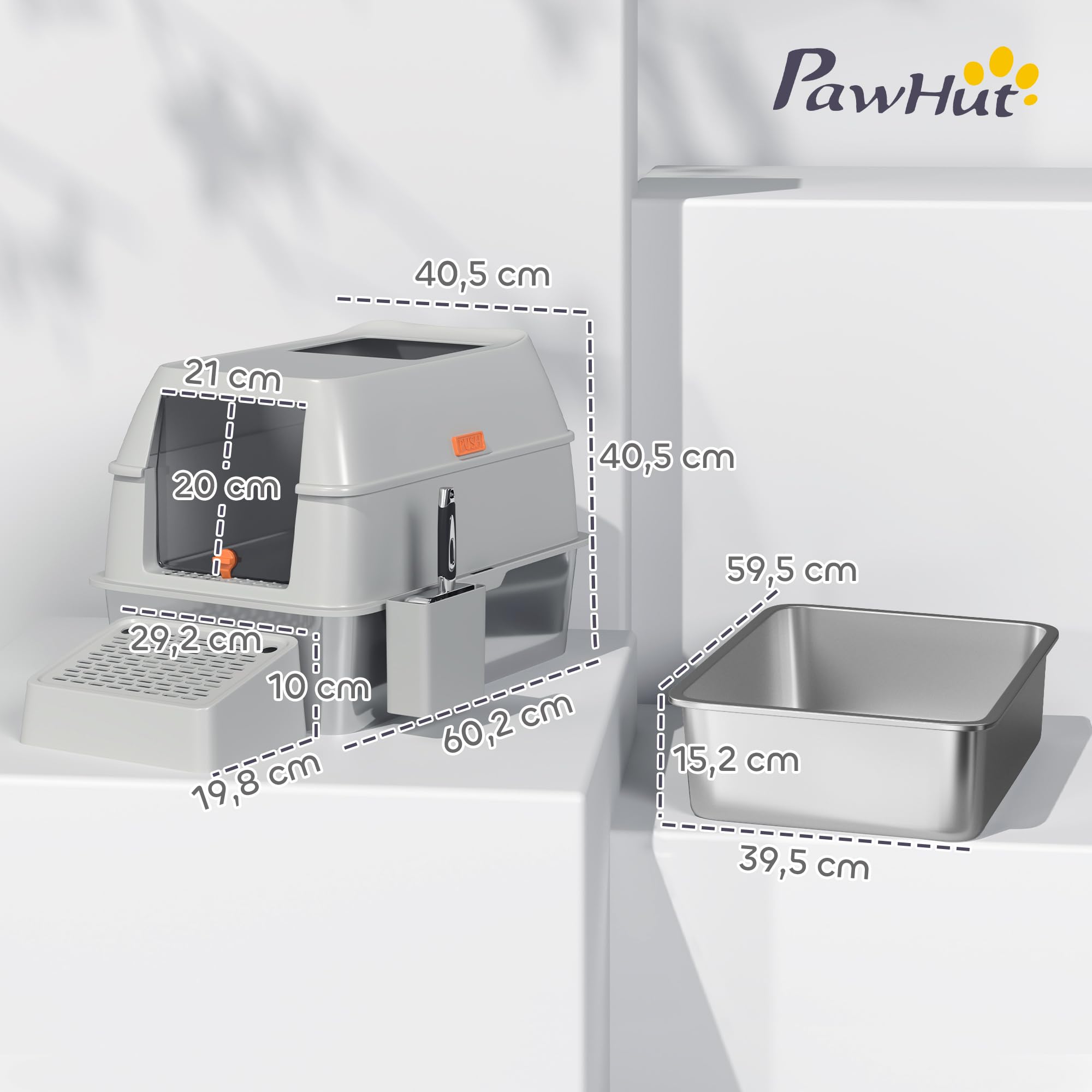 PawHut Arenero para Gatos Cubierto de Acero con Paso de Salida Gris Claro | Caja de Arena para Gatos, Pala de Acero