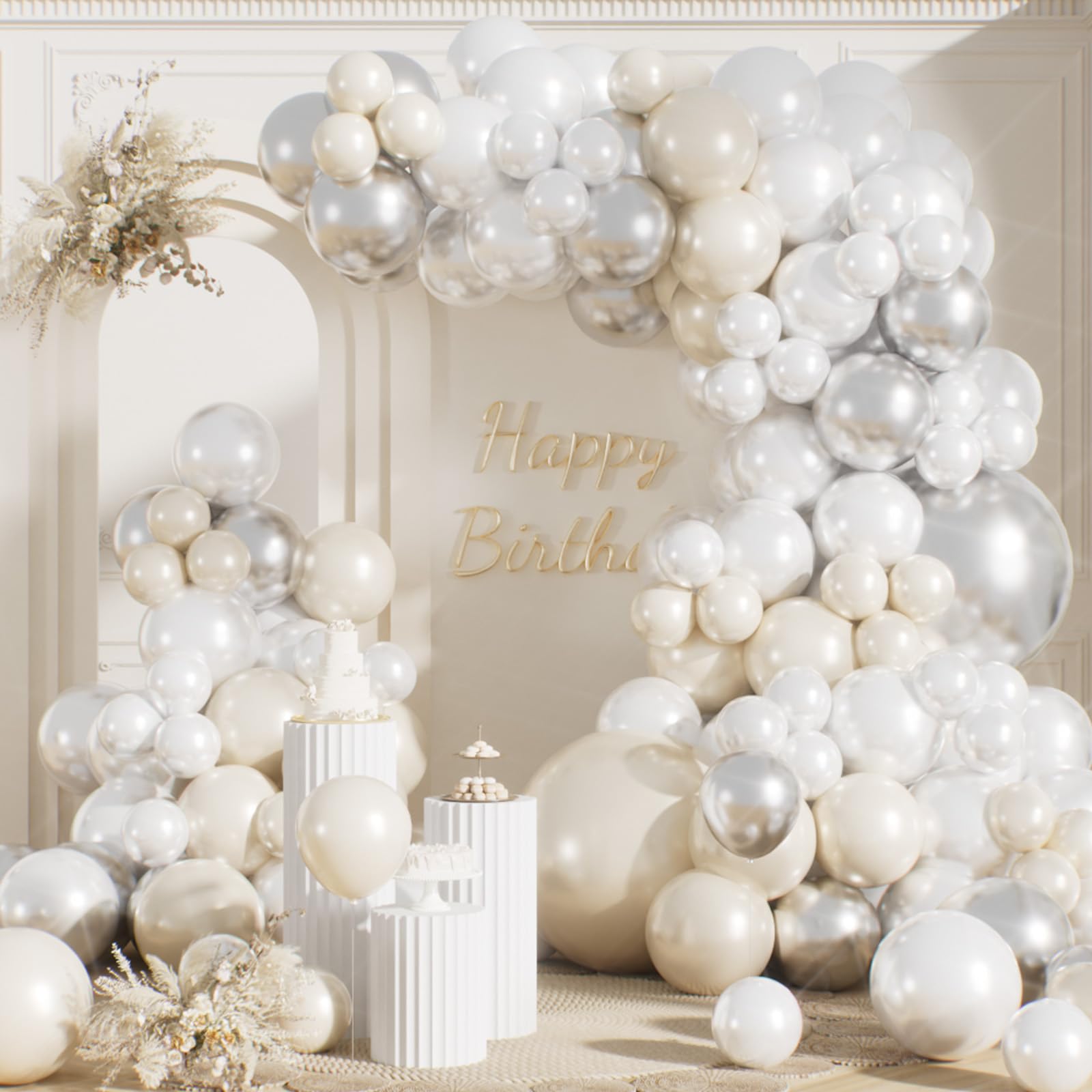 RainbowQ Party Pearl White Balloons Arch Kit, 165PCS Double Stuffed Metallic Latex Balloon 18/12/5 Inch Helium Garland for Anniversary Birthday Wedding Bridal Shower Party Decorations โ image 1