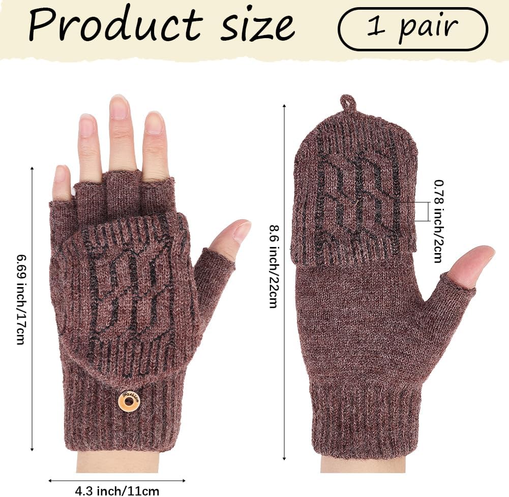 1 Pair Wool Gloves with Mitten Flap Cover Brown Winter Warm Soft Flip Top Insulation Thermal Knitted Fingerless Thumb Hole Wrist Mittens Bulk for Men Women Texting Driving Outings Activity image 2