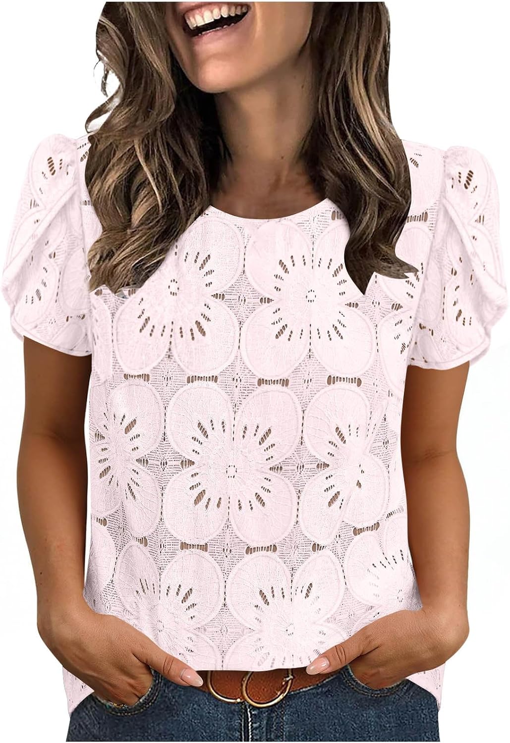 Women Crochet Lace Blouses Casual Short Sleeve Boho Tops Eyelet Lace Spring Summer Shirts Beach Vacation Clothes
