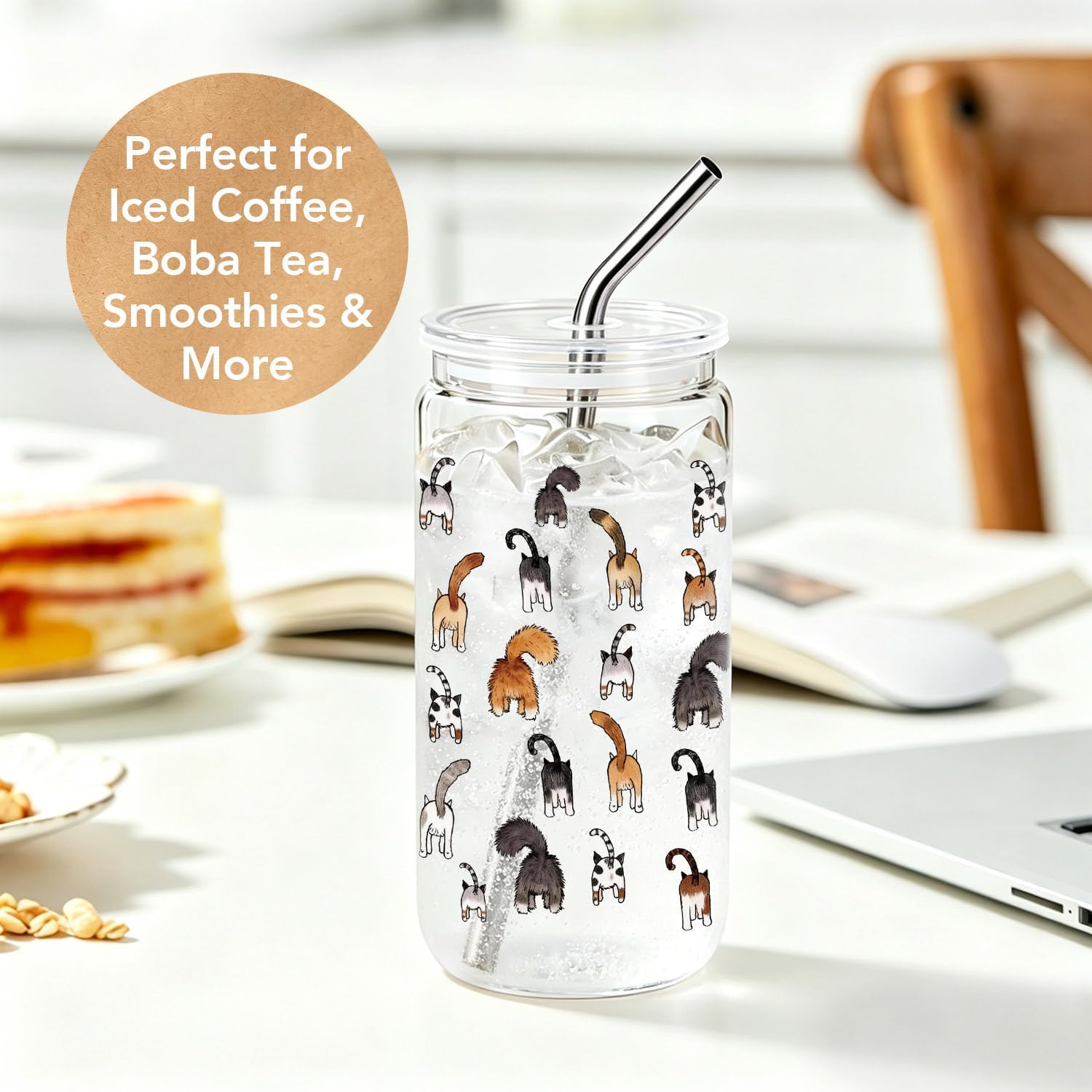 Funny Cat Lover Gifts for Women CatMom 16 oz Glass Cups with Lids and Straws, Watercolor Cat Butt Coffee Cup Tumbler for Art Student, Birthday Mothersday Gifts for CatMom Crazy CatLady Pet Owners