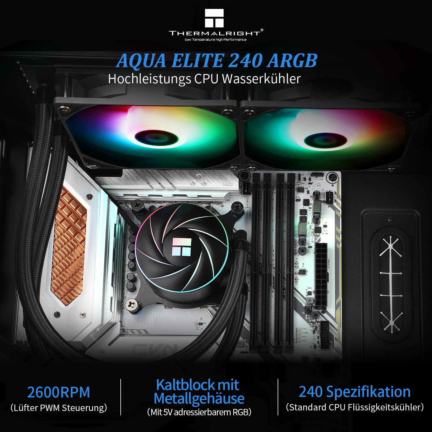 THERMALRIGHT Aqua Elite 240 ARGB-Raffreddatore per CPU liquido, 240mm Aio, 2 ventole PWM da 120mm, per AM4/AM5, Intel LGA1150/1151/1155/1156/1200/1851/1700