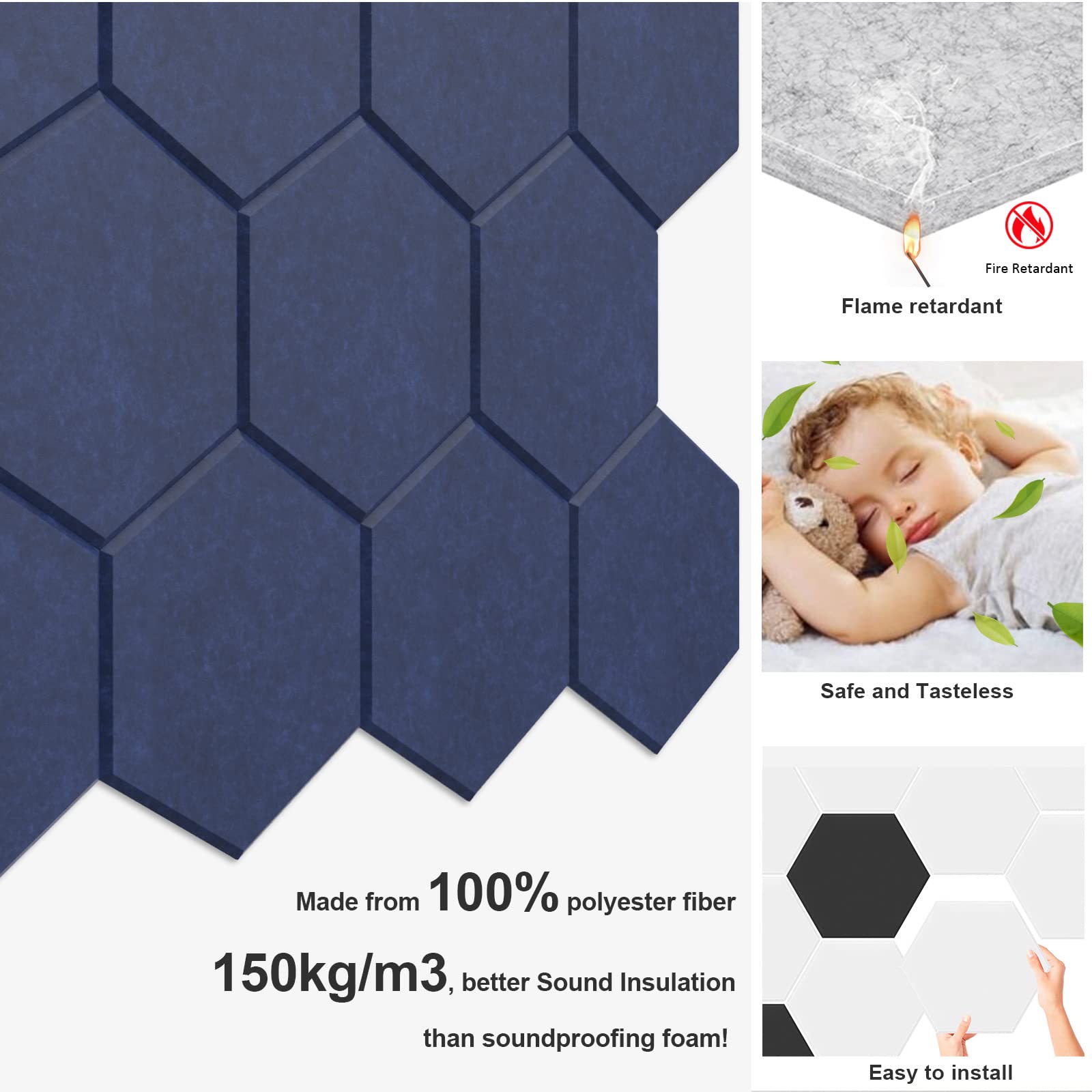 JBER 12 Pack Pannelli acustici esagonali, schiuma autoadesiva a prova di suono, 30 X 26 X 1cm Pannelli acustici da parete ad alta densità per studio, ufficio (blu scuro)