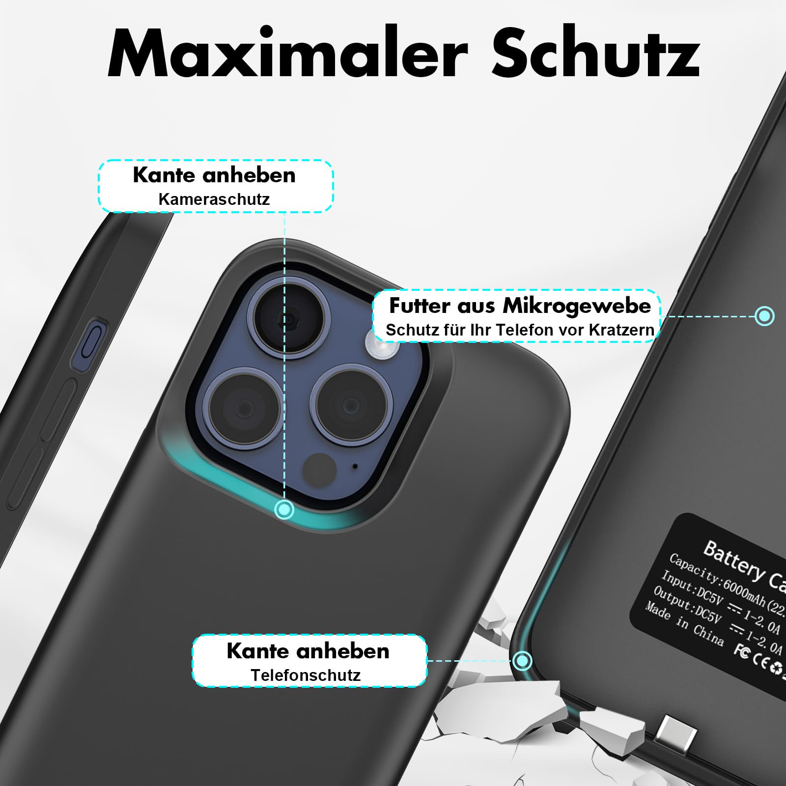 Akkuhülle für iPhone 15 Pro (8500mAh), Schlanke Wiederaufladbare Erweiterte Ladehülle Powerbank mit Standfuß, Tragbare Schutzhülle mit Akku für iPhone 15 Pro,(6,1 Zoll) – Schwarz