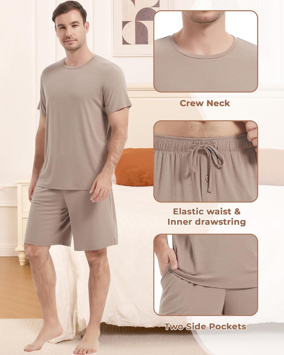 NACHILA Men's Pajamas-Viscose Made from Bamboo Short Sleeve Sleep Shirt and Pajama Shorts Set Cool Sleepwear with Pockets - Image 4