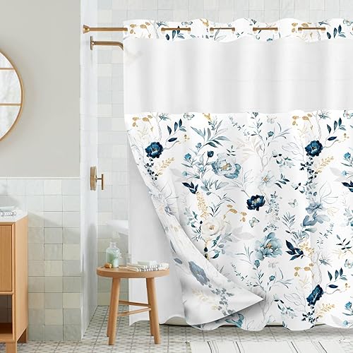 Miniatura 21 de Tititex Cortina de ducha rústica con forro floral rosa y azul, sin ganchos, doble capa, tela impermeable y transparente para ventana superior