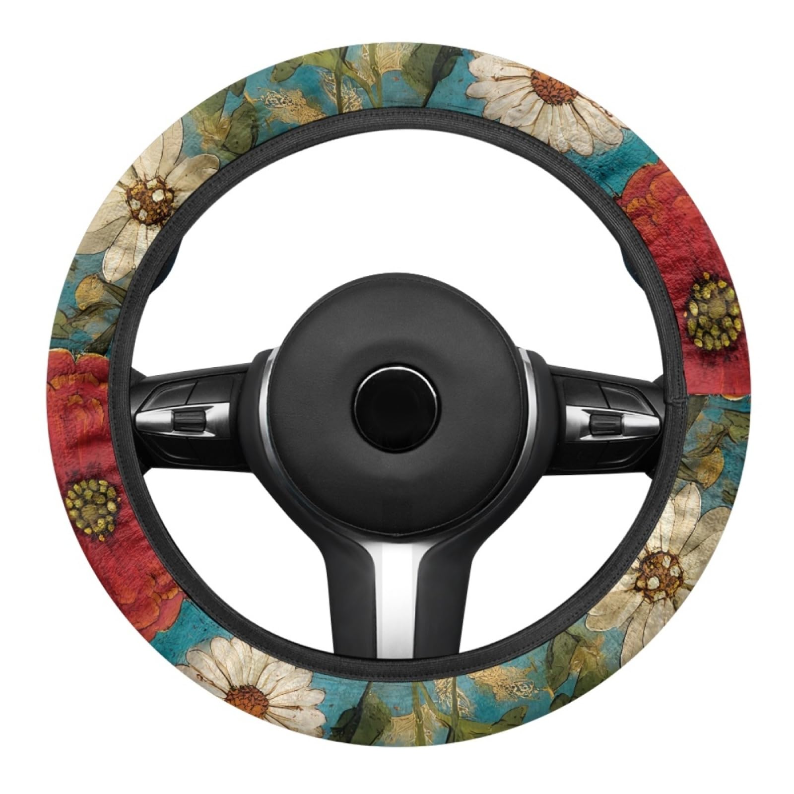Funda Volante Coche Universal Flores Coloridas Franela Antideslizante, Suave Adecuado para Todas Las Estaciones, Funda Volante 38 Cm