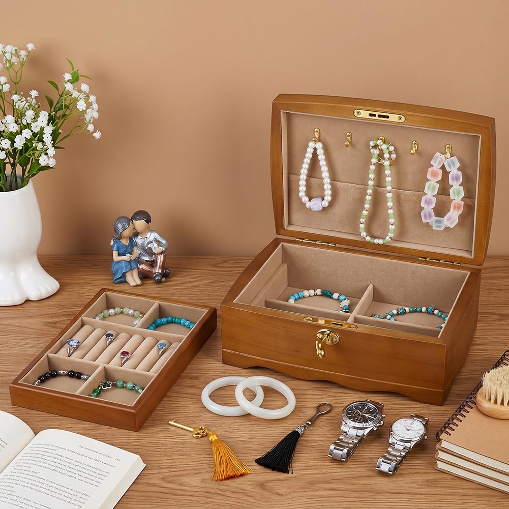 MAYJOYDIY Joyero de madera con candado retro con 2 niveles con 2 llaves 25 x 17,5 x 10 cm, joyero con inserto extraíble para tocador, almacenamiento de joyas