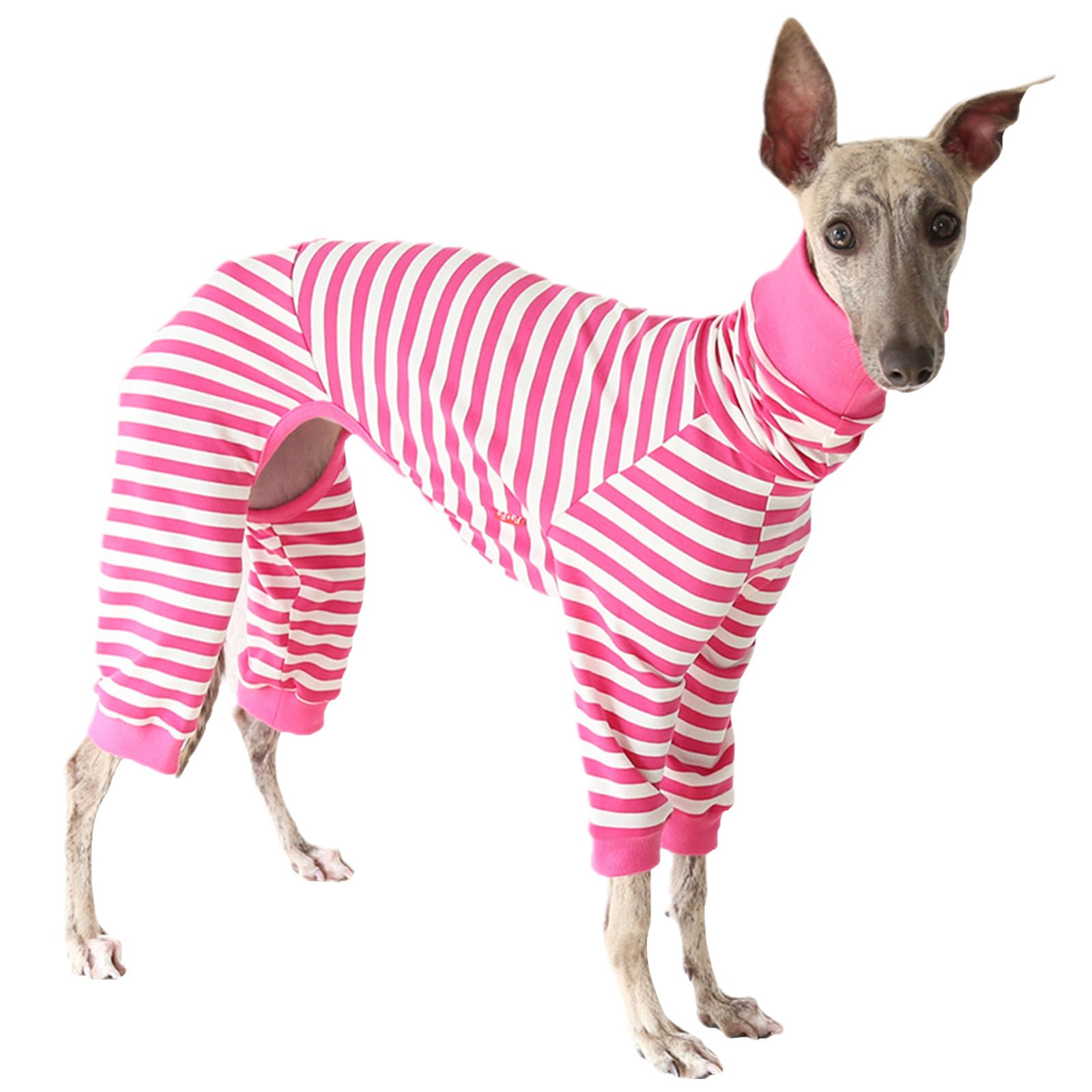 Greyhound Stripe Pajamas,Whippet Cottom Turtleneck Onesies Pullover,Slim Dog 4-Leg Loungewear Base-Layers for Greyhound Lurcher_L(Hot Pink)