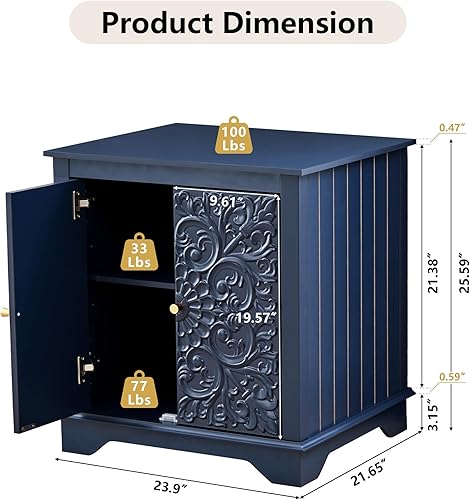 Miniatura 2 de Mesa auxiliar de granja con puerta floral tallada, mesita de noche de 24 pulgadas de ancho con estante ajustable, mesa auxiliar cuadrada de madera