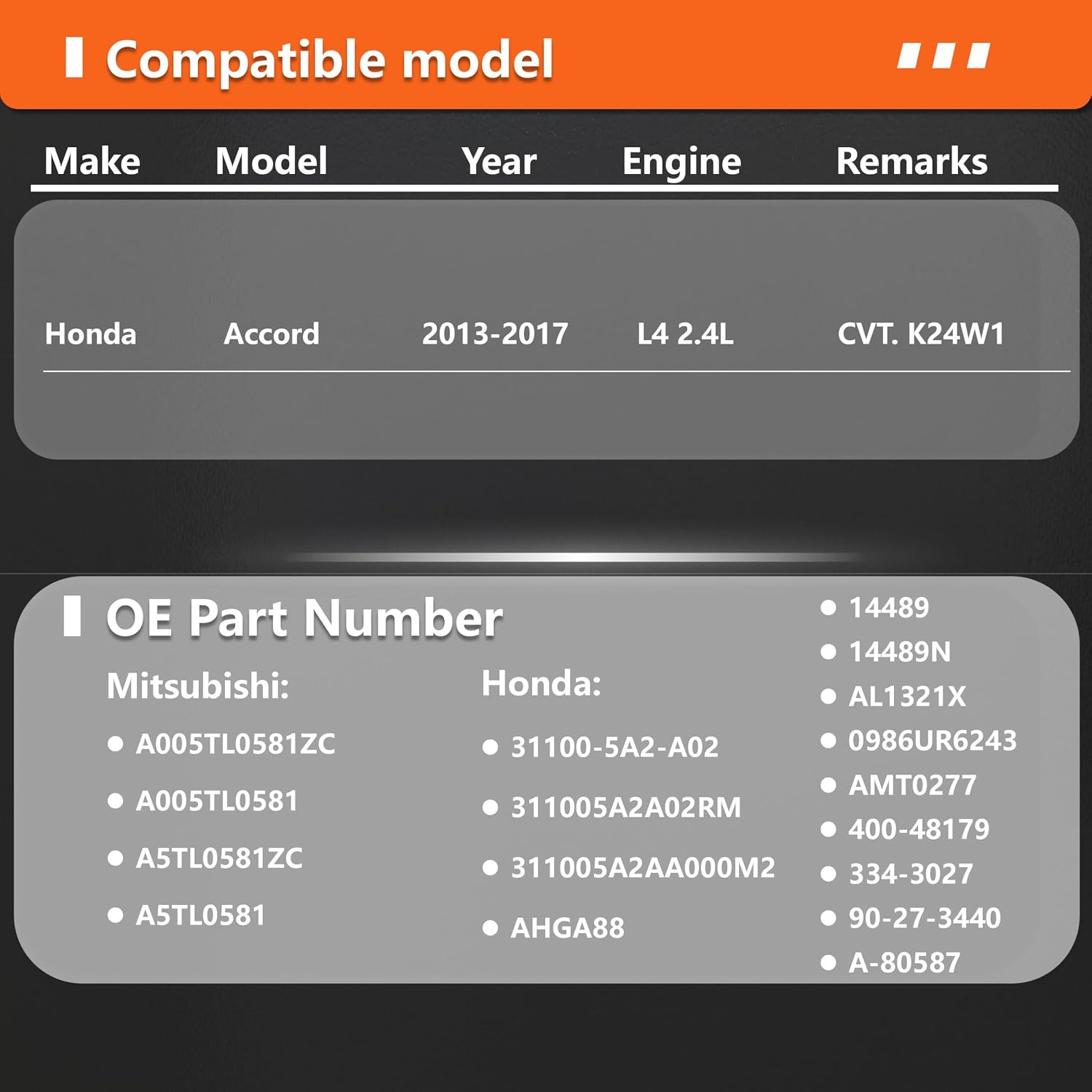 Alternator Compatible with Honda Accord 2013-2017 L4 2.4L, Automatic CVT Transmission, Replace# 14489N 11999 A5TL0581, A005TL0581, 31100-5A2-A02, 31100-5A2-AA000M2, AHGA88, AMT0277, AHGA88