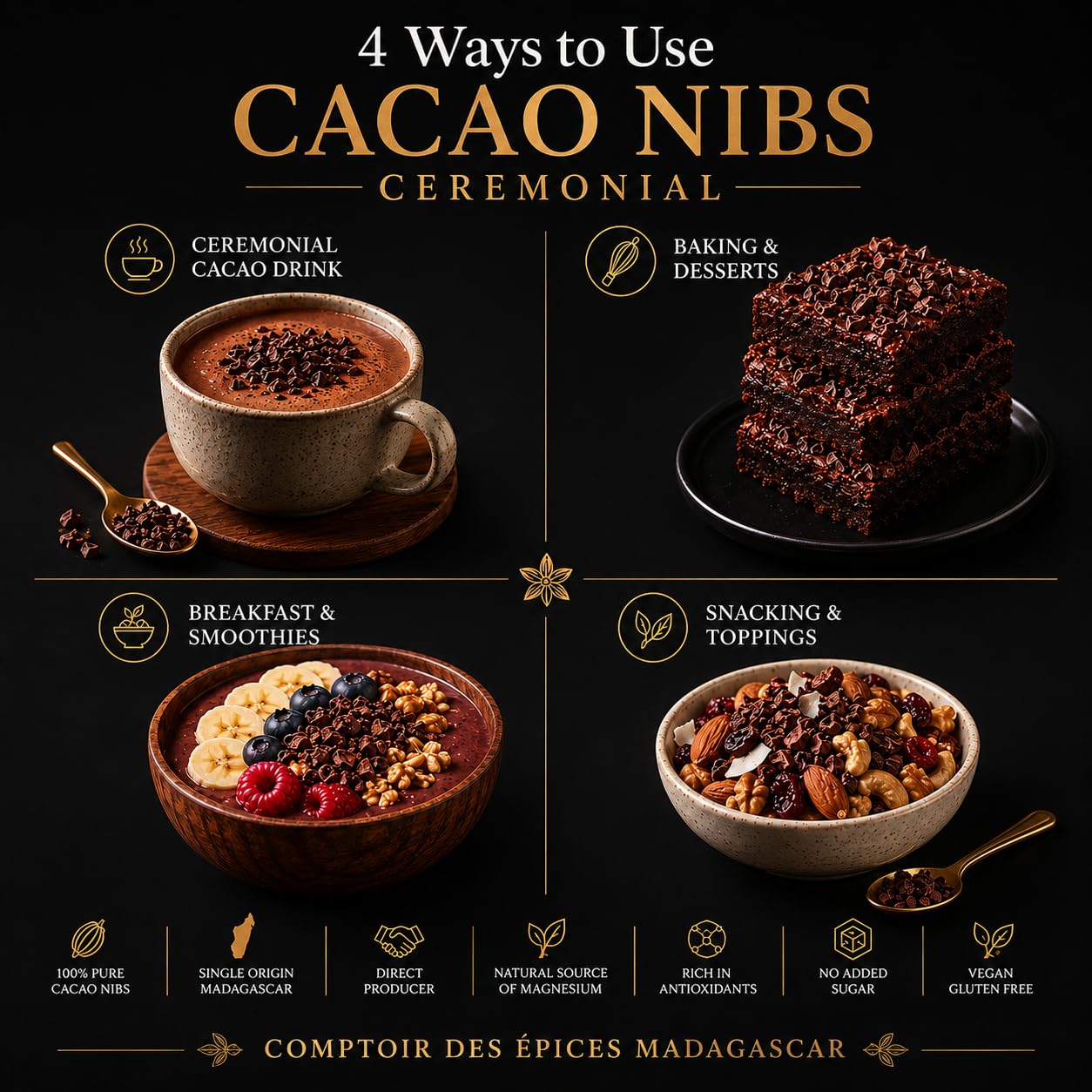 500g Nibs de Cacao Pur Madagascar – Direct Producteur | Grué de Cacao Cru Riche en Antioxydants & Magnésium – Qualité Premium, Sans Additifs