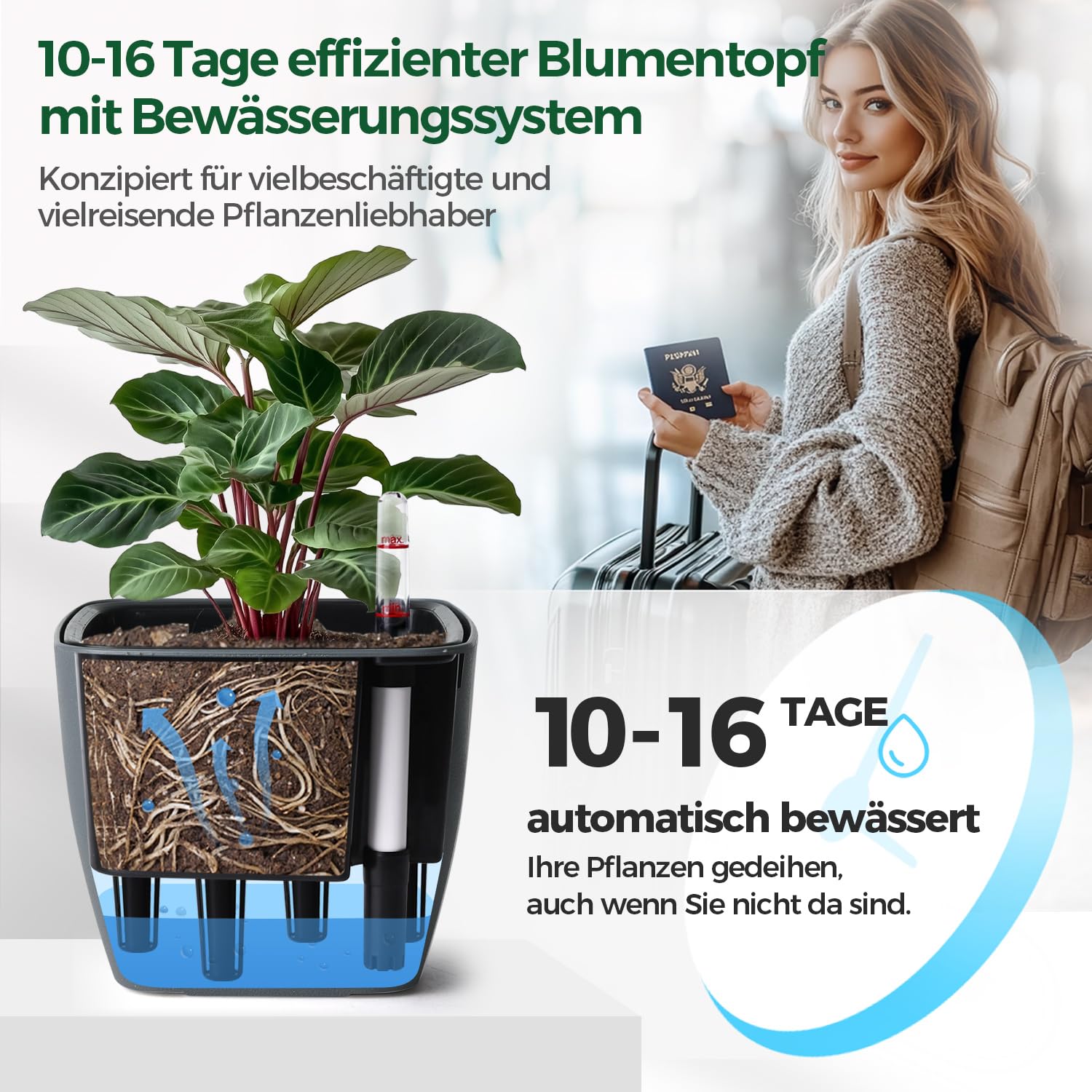 T4U 3Pcs 17,5cm Eckig Selbstbewässerungstopf mit Wasserstandsanzeige, Praktischer Blumentopf für vielbeschäftigte Anfänger und Gärtner,geeignet für Geranien/Minze für den Innen und Außenbereich (Grau)
