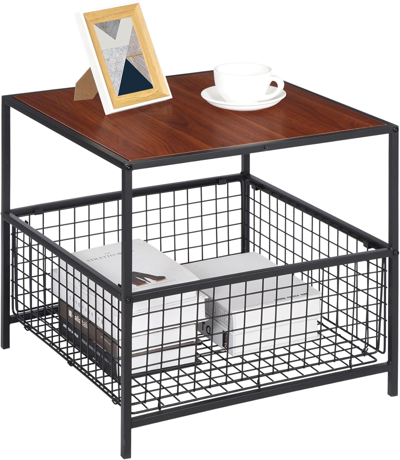 SUPER DEAL 2 Tier Side Table with Mesh Basket, 20 inch Square End Table Nightstand for Bedroom Living Room, Mini Fridge Stand Printer Stand for Office, Red Mahogany Wood Grain