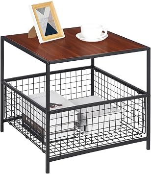 SUPER DEAL 2 Tier Side Table with Mesh Basket, 20 inch Square End Table Nightstand for Bedroom Living Room, Mini Fridge Stand Printer Stand for Office, Red Mahogany Wood Grain