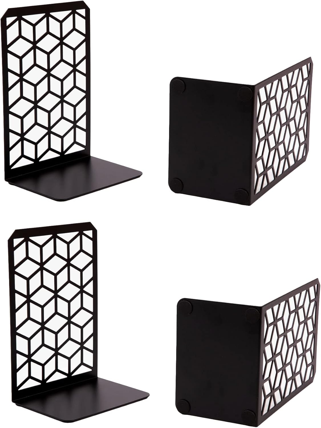 Geomod 3D Cube Black Metal Bookends Decorative for Heavy Books - Sturdy Boho Book Stops - Minimal Book Shelf Stopper - Durable Office Bookends - Weighted Metal Book Holders - 7x4.75 Inches - 2 Pair