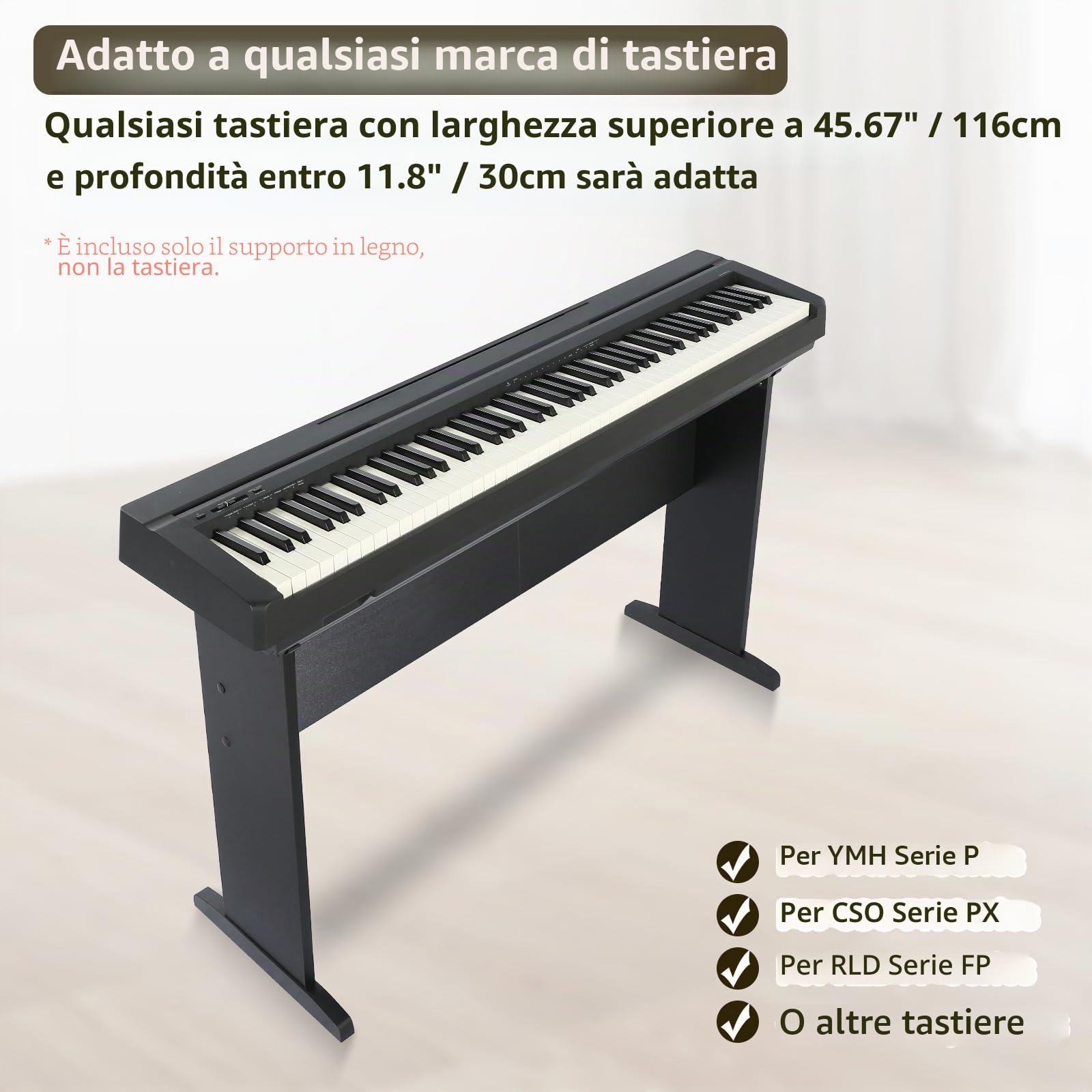 Supporto universale per tastiera per pianoforte a 76/88 tasti, in legno, compatibile con YMH serie P, CSO serie PX, RLD FP, tastiera centrale 2 in 1 (nero, M)
