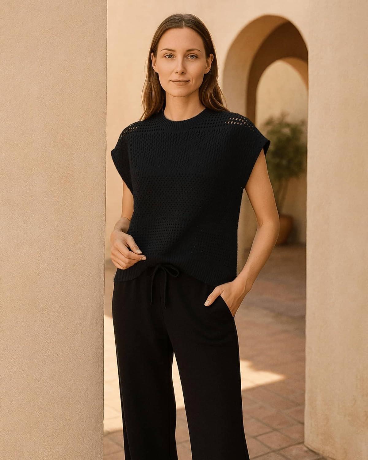 Fashion Hollow Knitted Set Short Sleeve Top Wide Leg Pants Casual Two Piece