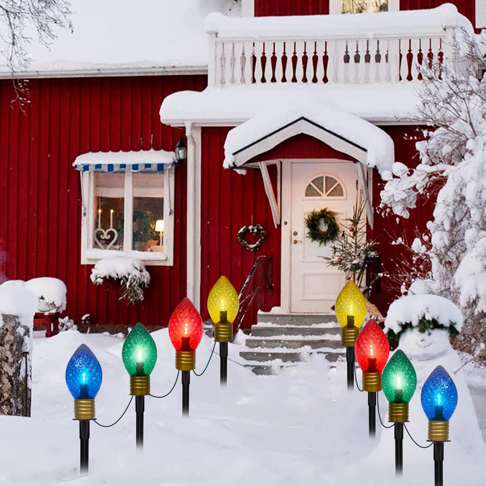 2 Pack Jumbo C9 Christmas Pathway Lights Outdoor,7FT LED Christmas Pathway Lights with Pathway Marker Stakes,Jumbo Diamond Pattern Multicolor Light Bulb for Lawn Yard Garden Christmas Decor