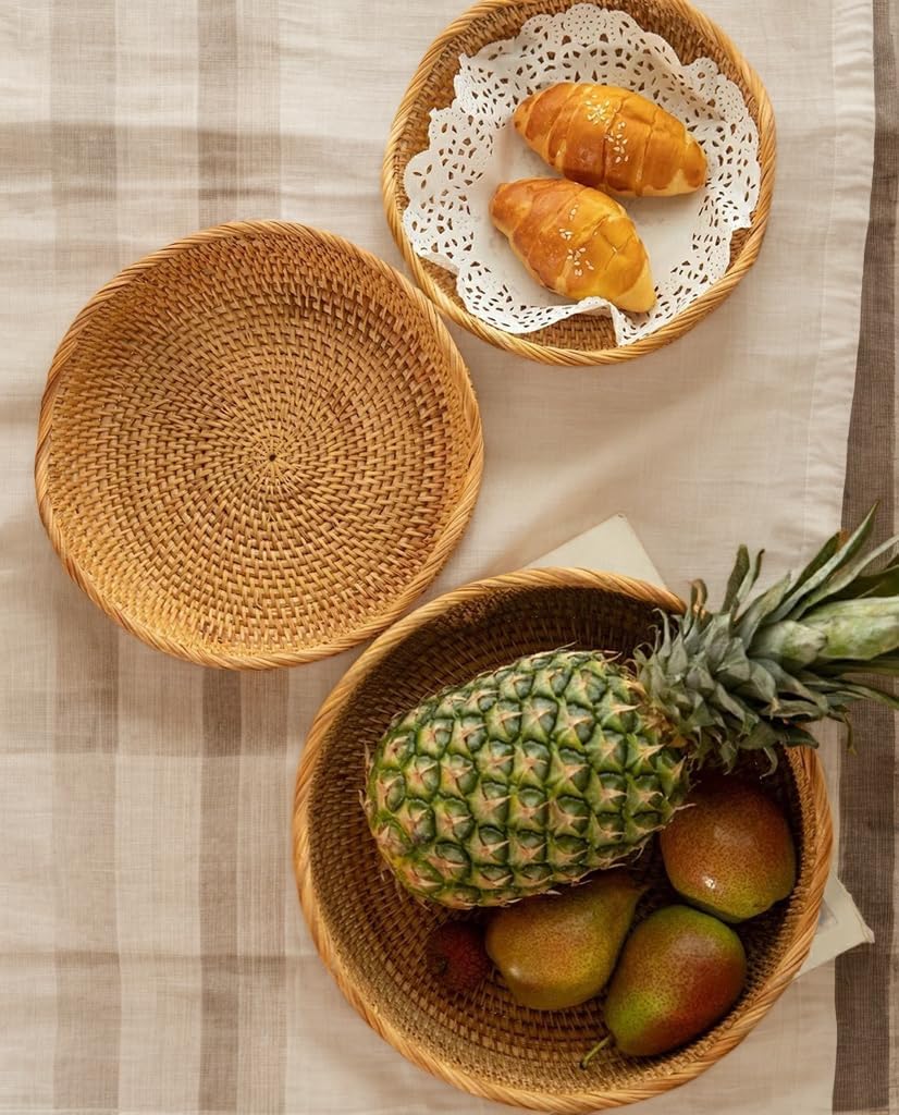 Handwoven 3-Piece Rattan Bread & Serving Basket Set, Natural Woven Rattan Baskets for Kitchen, Dining Room, or Home Decor, Small Medium Large Sizes, Vietnam Material