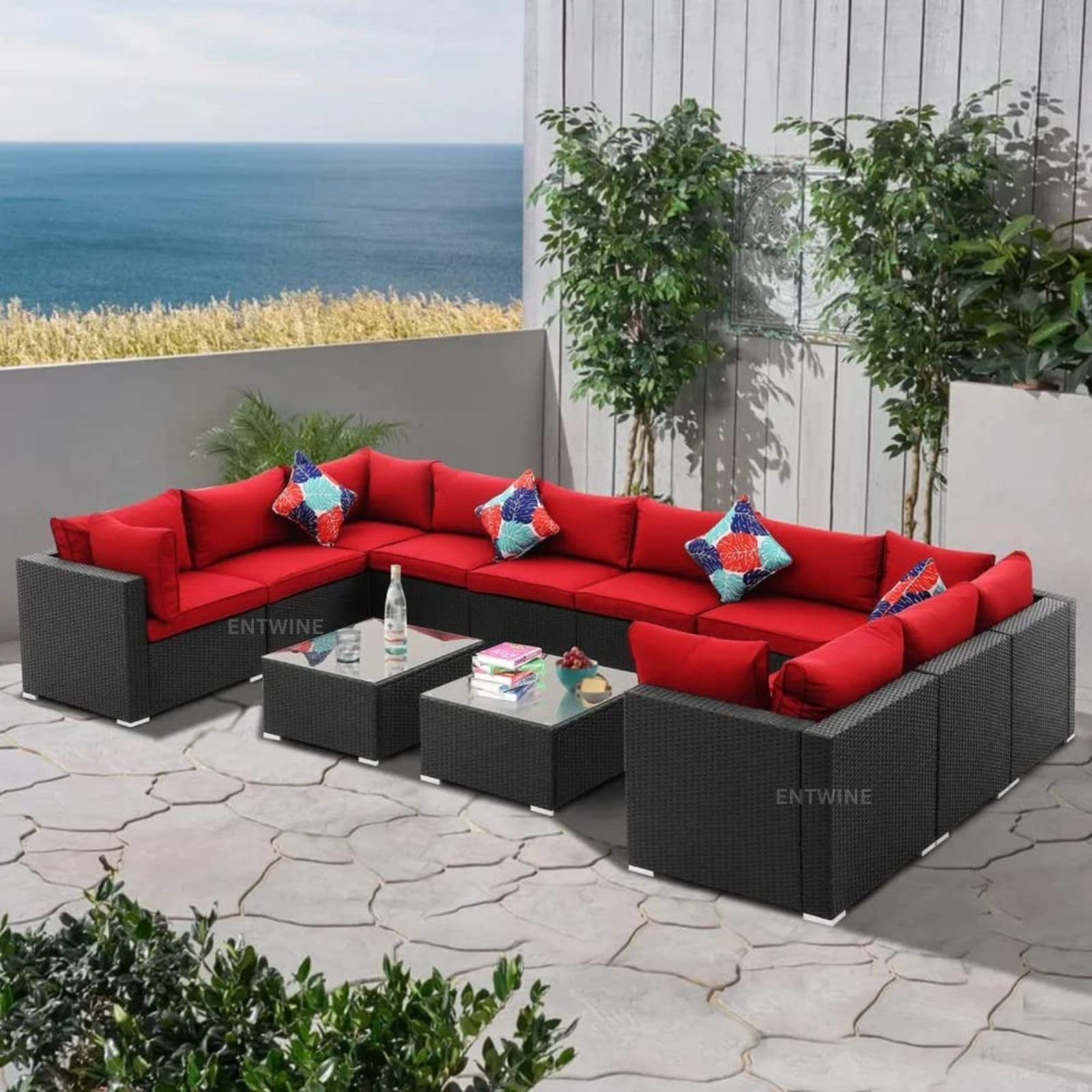ENTWINE Outdoor 10 Seater Sofa Set || Patio Furniture Sets || Balcony Sofa || Indoor Sofa ||| Wicker Rattan Garden Sofa Set with Cushion and Center Table (Black + Red)-image-12