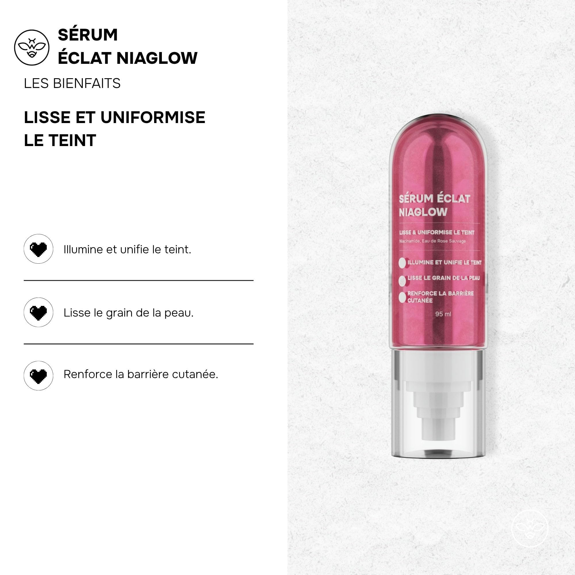 Sérum Éclat NiaGlow - Soin de la Peau Illuminateur de Teint - Lisse le Grain de Peau - Peaux à Imperfection - Niacinamide, Eau de Rose Sauvage - Korean Cosmetic Research - 95 ml