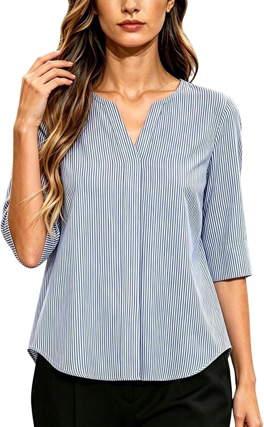 Womens V Neck Button Top Casual 3/4 Length Sleeve Tunic T Shirts | Loose Fit Lightweight Business Work Blouses Comfy Soft Plus Size Travel Vacation Pullover Clothes