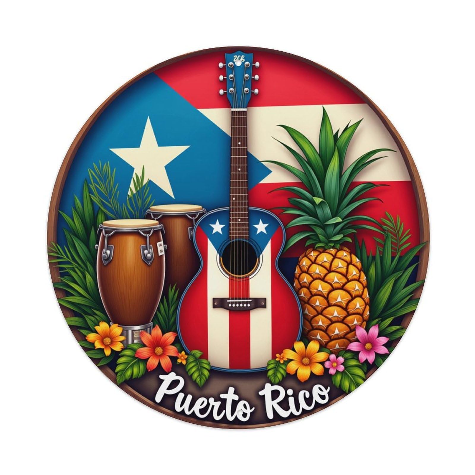 Puerto Rico Flag Guitar Pineapple Flowers Round Tin Sign Retro Metal Sign for Cafe Bar Pub Home Game Room Gym Club Wall Decoration Vintage Metal Poster 8x8 Inch