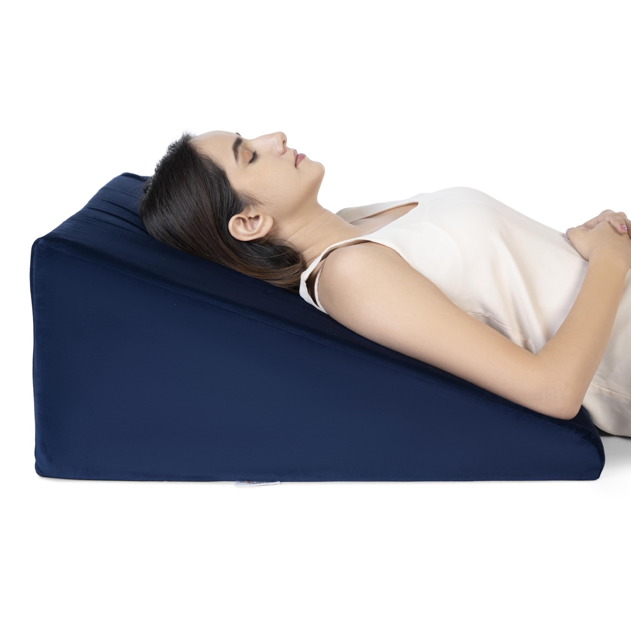 FOVERA Bed Wedge Pillow with Memory Foam, Back Support Cushion for Acid Reflux, GERD, Snoring, Post Surgery, Pregnancy (Velvet Navy Blue, Large - 26 x 24 x 11 Inch)