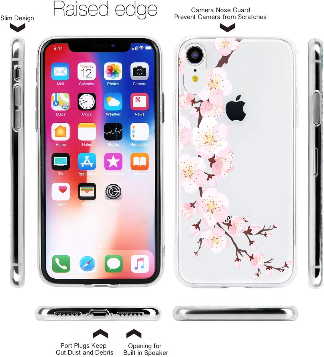 TRENSOM iPhone XR Floral Case iPhone XR Clear Case Pink White Flowers Pattern, Transparent IMD Hybrid Soft TPU Shockproof Phone Cases Cover for Women Girls