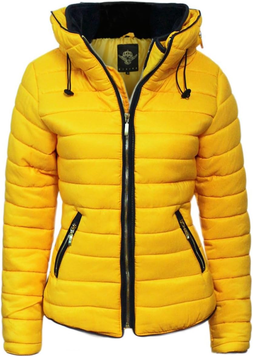 Urban Fashion New Ladies Womens Quilted Padded Puffer Bubble Collar Warm Thick Jacket Coat Size S to XL (S=8, Yellow)
