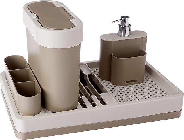Kit Pia Flat, 3 Peças, Escorredor, Dispenser e Lixeira, Warm Gray e Light Gray, Coza