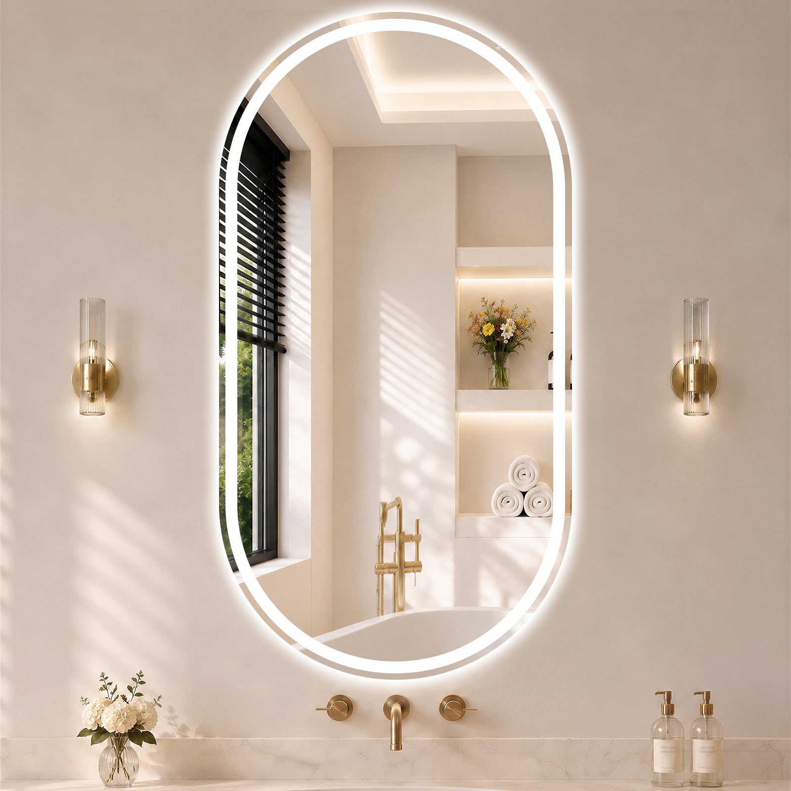 XRAMFY LED Bathroom Mirror,81x41 cm Frameless Lighted Mirror Oval LED Mirror with Anti-Fog, Dimmable Wall Mounted Lighted Mirror, Pill-Shaped Smart Bathroom Mirror
