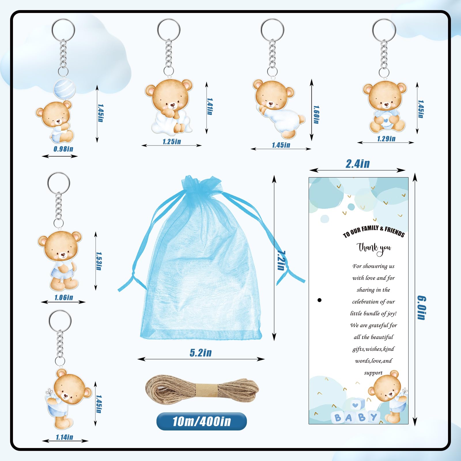289 piezas de regalos para baby shower para invitados, bolígrafos y llaveros de oso azul, bolígrafos retráctiles a granel, para revelación de género, tarjetas de felicitación, recuerdos y