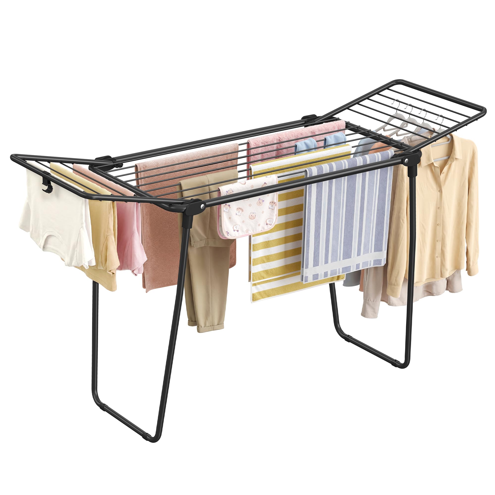 SONGMICS Clothes Airer, Foldable Steel Laundry Rack, 16.6 m Drying Space, 158 x 53 x 93 cm, Black, for Indoor and Outdoor, Bunji Collection LLR520BH01
