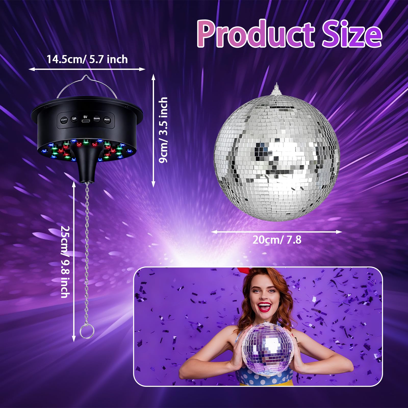 Discokugel mit Motor 20cm 6 Farbmodi 30 LED 10 U/min für Disco Party Lichteffekte