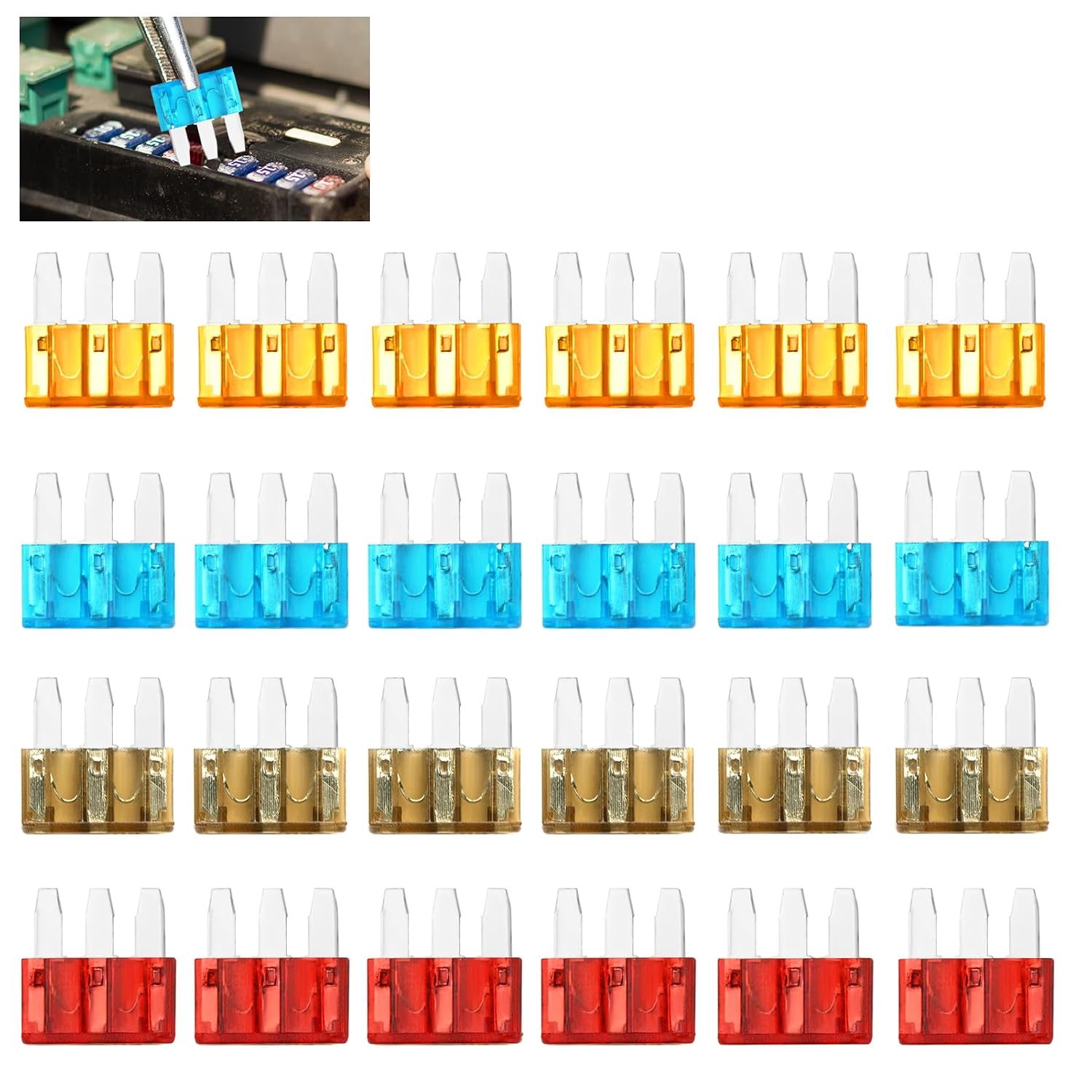 Micro 3 Blade Fuse Kit, 5A/7.5A/10A/15A Automotive Fuses with Clear Window for Cars, Trucks, Boats, RVs, Assorted 3-Prong Circuit Protectors, Ideal for Mechanics, DIYers (4 Types(24PCS))