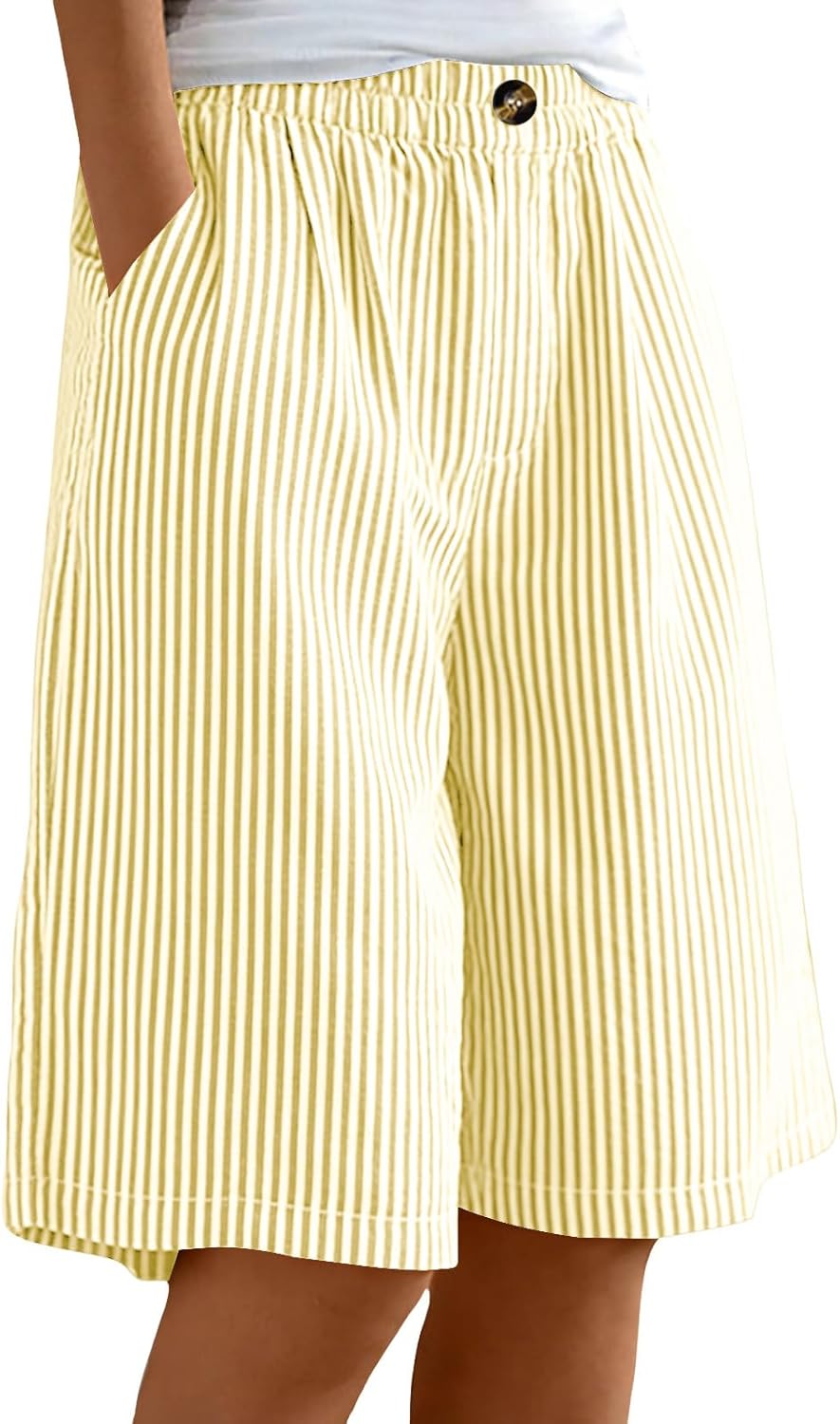 Women Wide Leg Bermuda Shorts Casual Loose Fashion Striped Beach Board Shorts Summer Travel Boho Cotton Linen Pants
