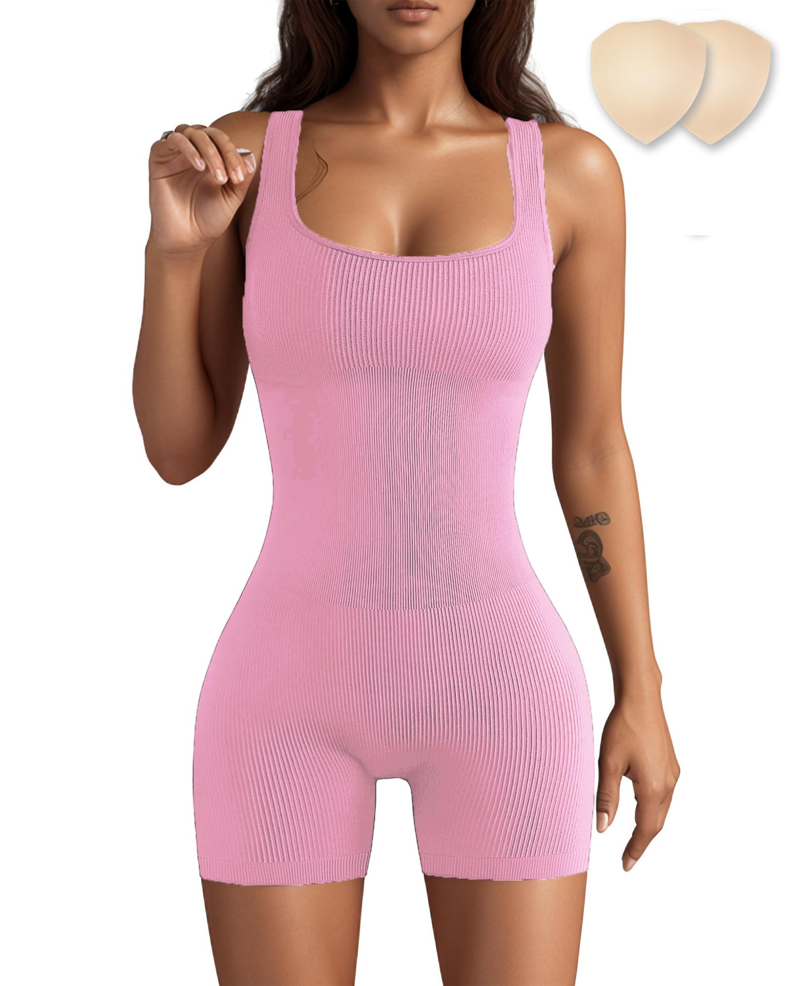 Merlvida Sport Jumpsuits für Damen Kurzer Bodycon Jumpsuit Eng Elastischer Figurbetonter Einteiler Bauchweg Workout Bodysuit Nahtloser Overall für Fitness Yoga Gym