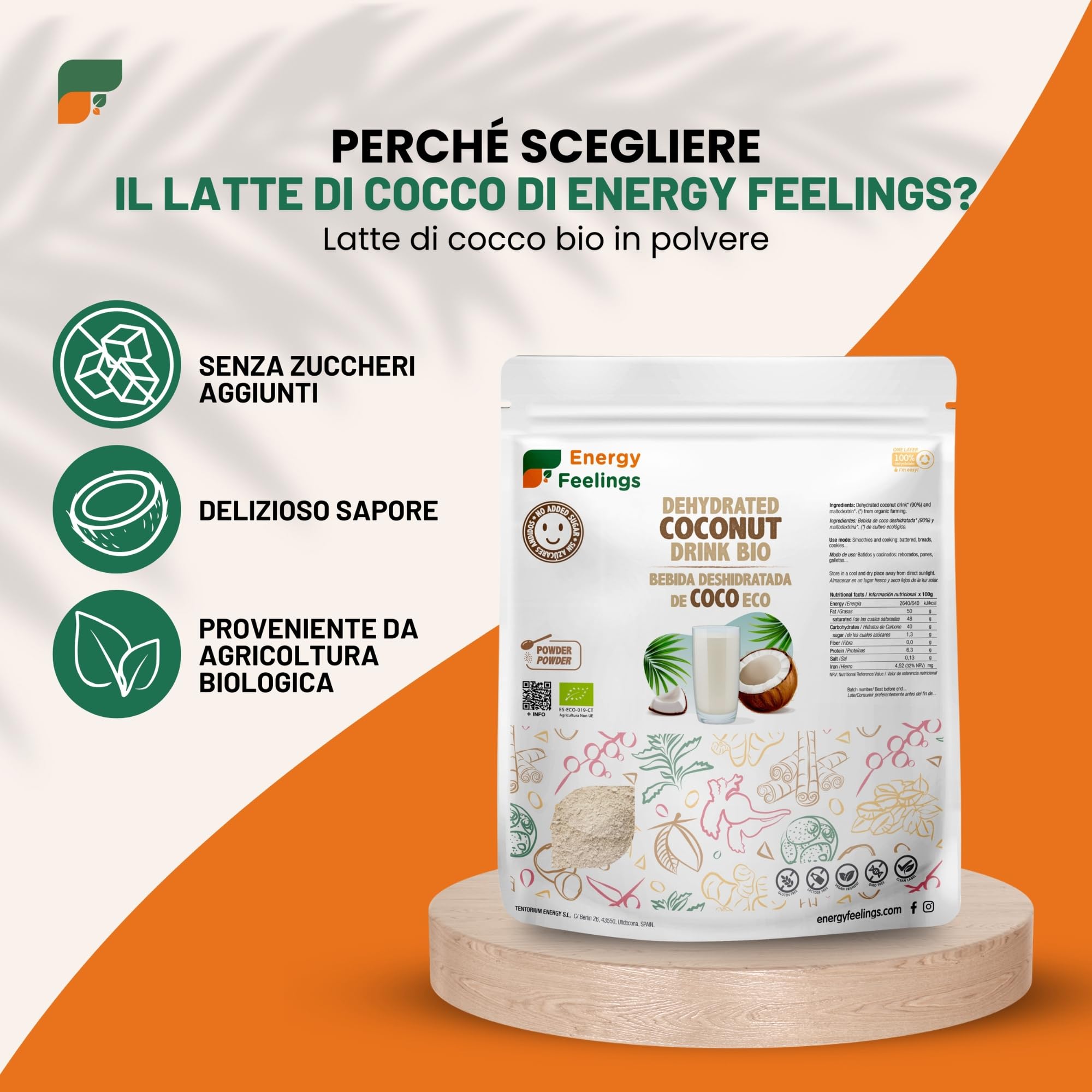 Energy Feelings Latte di Cocco in Polvere Bio 1kg, Senza Zucchero e Senza Lattosio, Latte di Cocco per Cucinare, Vegan Coconut Milk, Contiene Maltodestrine