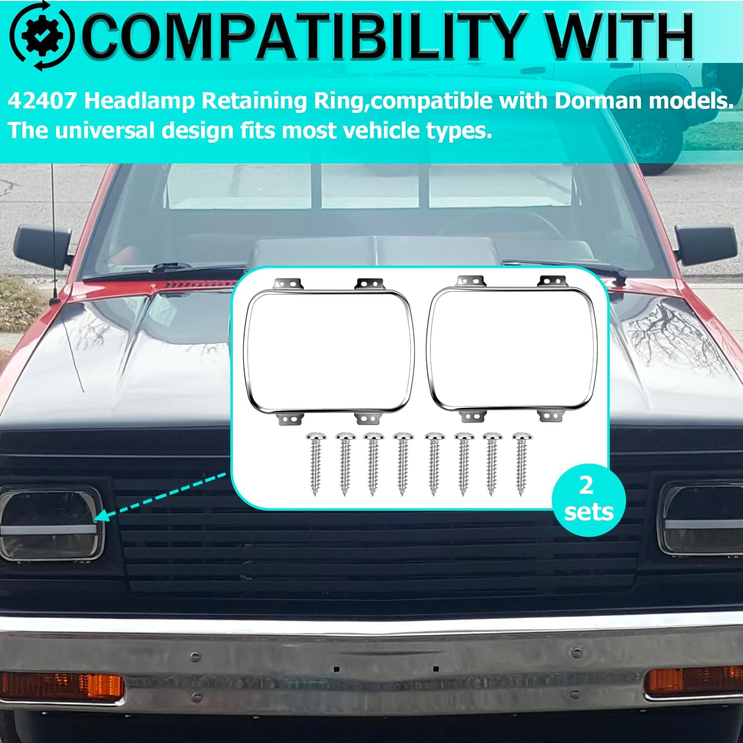 2 sets 42407 Headlamp Retaining Ring,with eight fixing screws,42407 Rectangular Headlamp Retaining Ring (8in×5.6in),compatible with Dorman