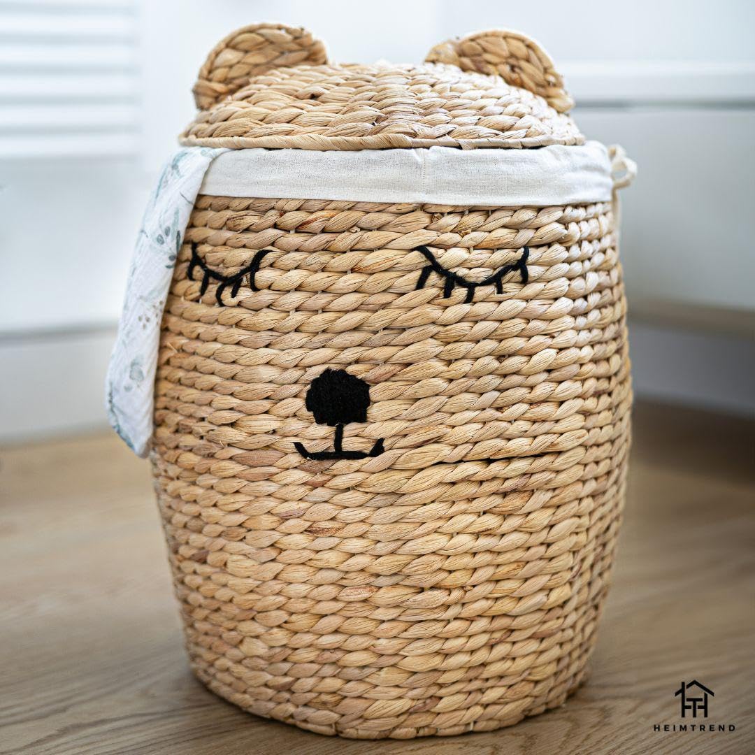 Aufbewahrungskorb/Spielzeugkorb/Wäschekorb geflochten [mit Deckel] - groß rund natur beige - Wasserhyazinthe Rattan - Wohnzimmer Kinderzimmer Schlafzimmer - Bär - Jetzt wählen