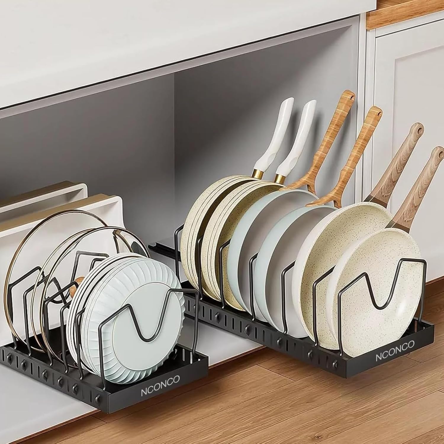 NCONCO Pots and Pans Organizer Under Cabinet, 2 Pack Pull Out Pot and Pan Organizer with 8 Dividers for Cabinet, Sliding Pot Lid Holder Pan Rack for Pot Lid Bakeware Dishes